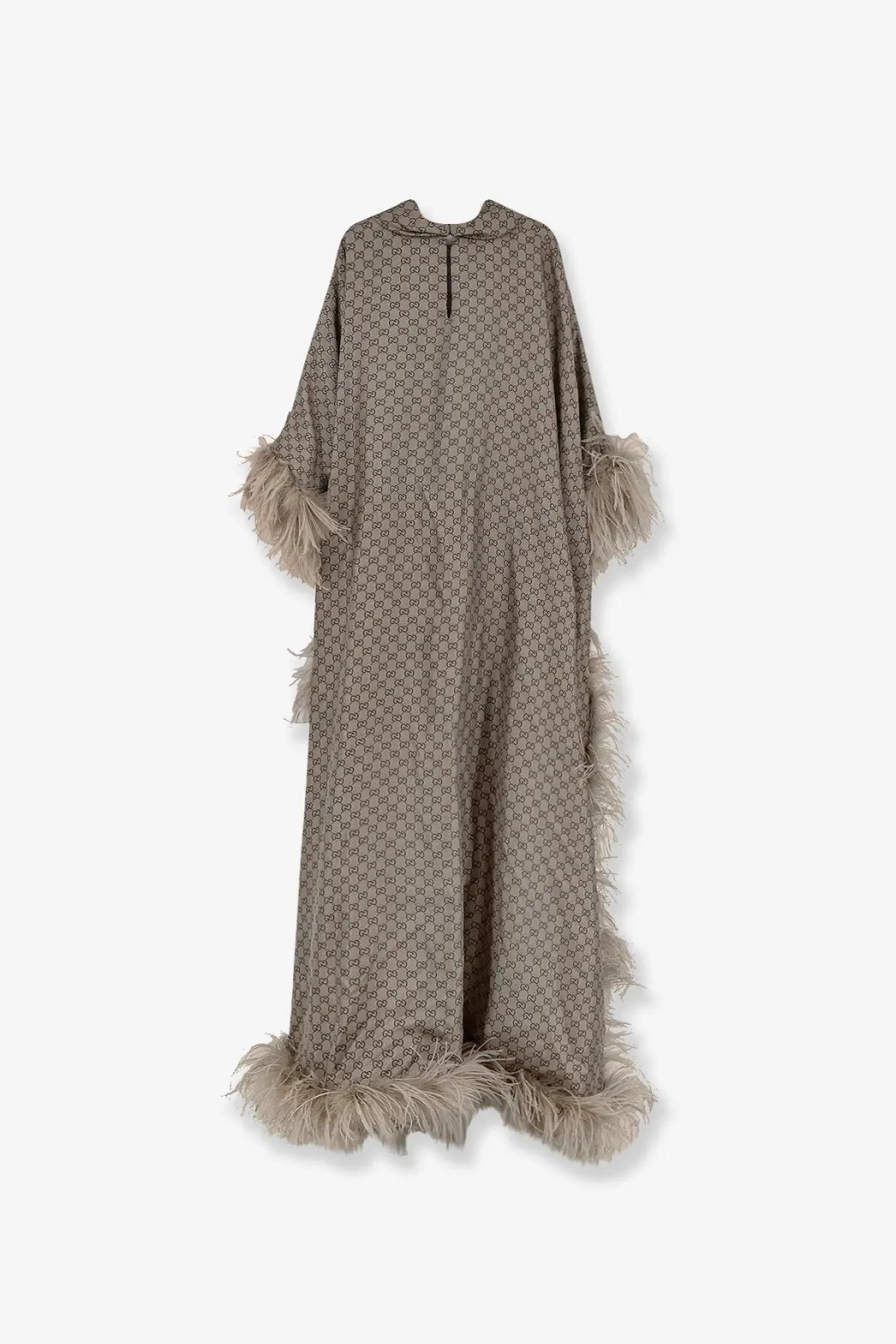 Beige gucci women’s gg silk kaftano dress with monogram pattern and light brown feather trim on cuffs and hem