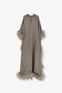 Beige gucci women’s gg silk kaftano dress with monogram pattern and light brown feather trim on cuffs and hem