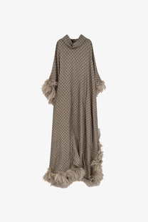 A taupe Gucci women’s silk kaftano dress with repeating GG monogram pattern and feathered cuffs and hem