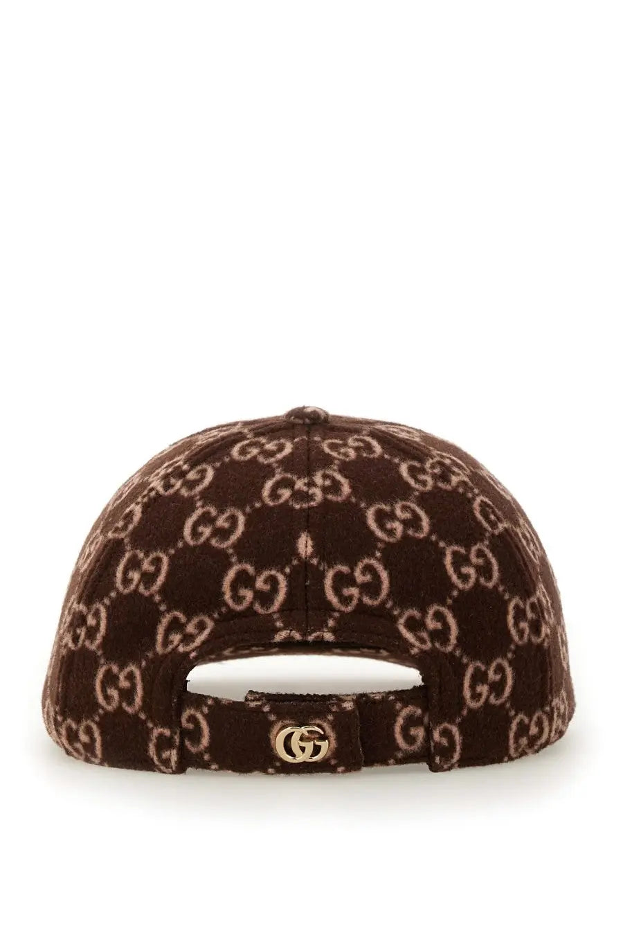 Gucci women’s GG wool baseball hat brown with interlocking GG logo pattern and gold-tone metal emblem on adjustable strap back