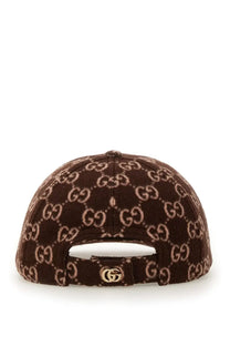 Gucci women’s GG wool baseball hat brown with interlocking GG logo pattern and gold-tone metal emblem on adjustable strap back