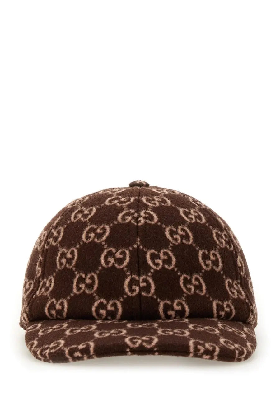 Gucci women’s brown wool baseball hat with repeating interlocking gg logo in lighter brown textured fabric