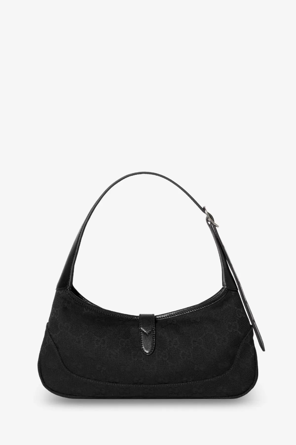 Gucci women’s jackie slim gg canvas shoulder bag in black featuring a subtle monogram pattern and leather trim