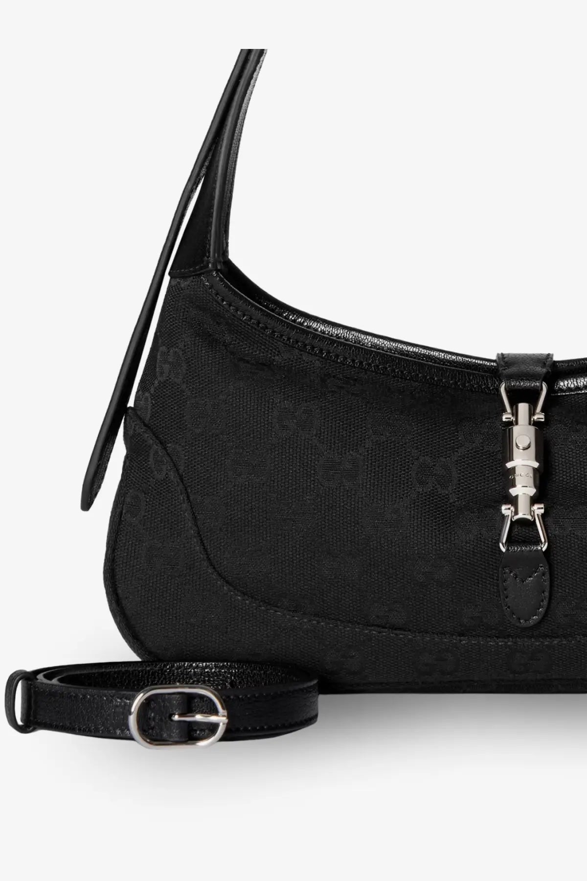 Black gucci women’s jackie slim gg canvas shoulder bag with subtle monogram pattern and silver toned hardware