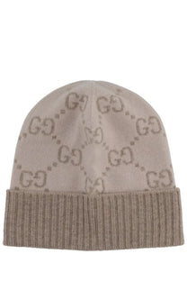 Beige knitted gucci womens jacquard gg hat with repeating darker beige gg monogram pattern