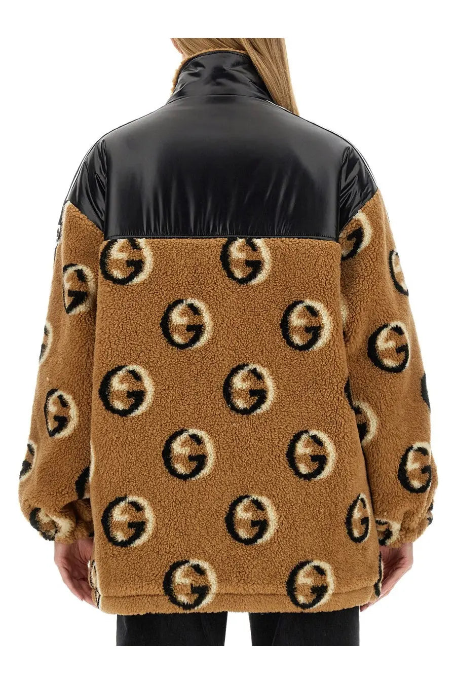 Gucci women’s beige jacquard zipper jacket tan shearling with black cream g logos and glossy black nylon collar