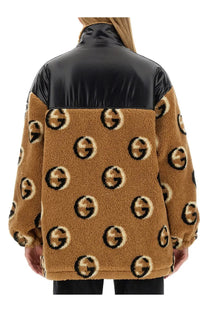 Gucci women’s beige jacquard zipper jacket tan shearling with black cream g logos and glossy black nylon collar