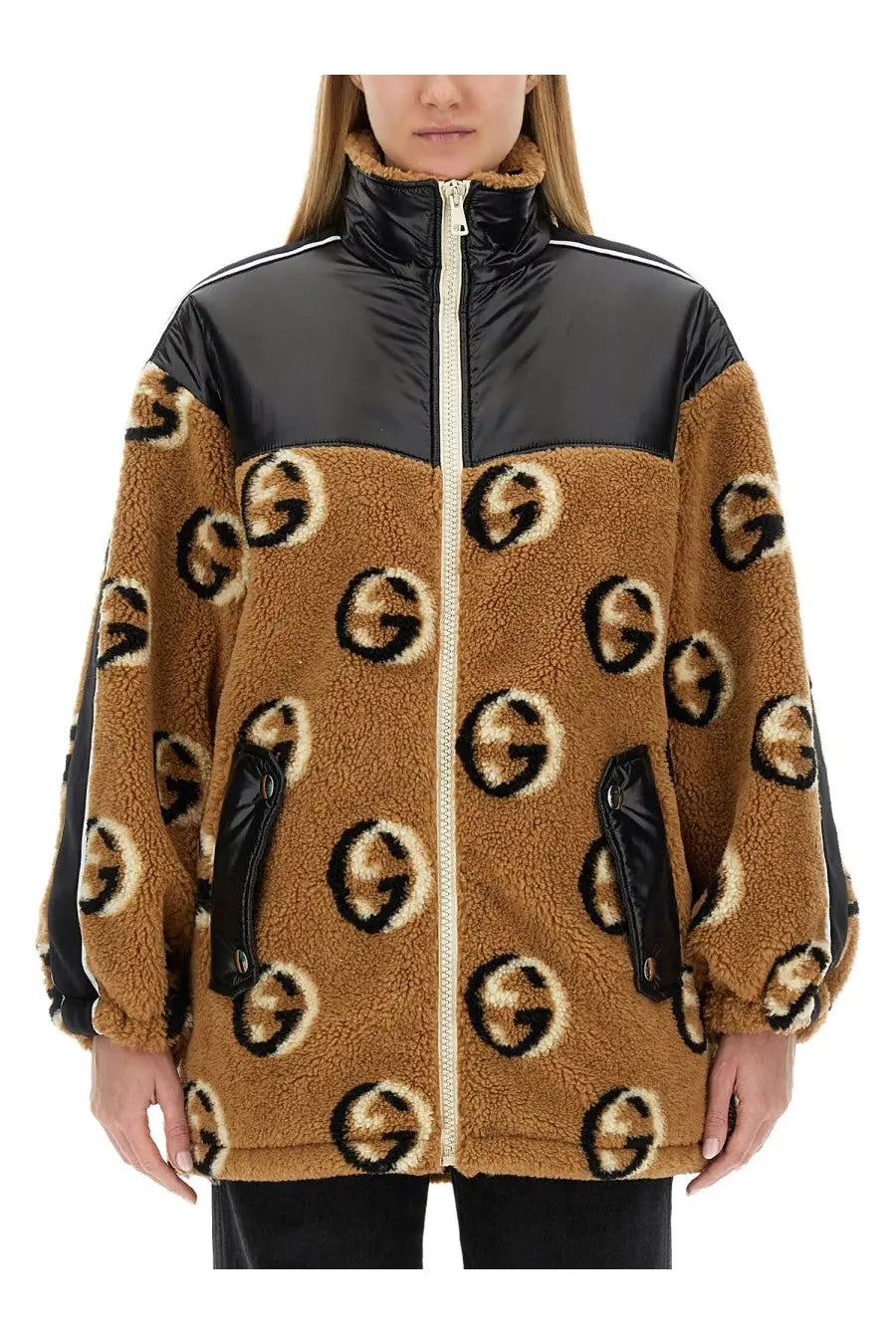 Gucci women’s jacquard zipper jacket beige with tan shearling and black and white logo pattern glossy panels