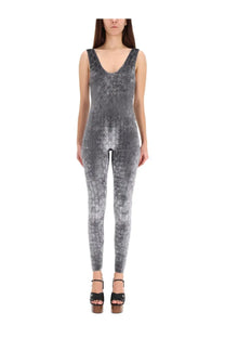 Gucci women’s jumpsuit grey in sleek gray velvet with subtle snakeskin pattern and deep v neckline