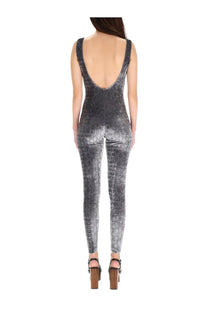 Gucci women’s jumpsuit grey shown from the back with a sleek silver and black snakeskin velvet deep cutout design