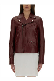 Gucci women’s leather biker jacket in sleek burgundy with silver hardware and classic asymmetrical zipper closure