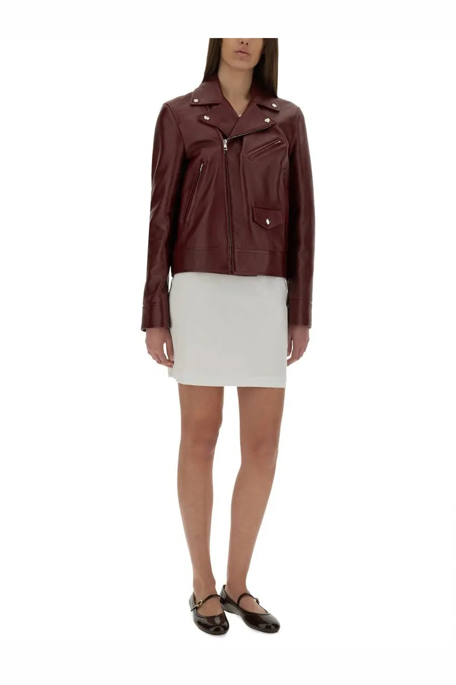 Gucci women’s leather biker jacket red in sleek burgundy with silver zippers and snap buttons