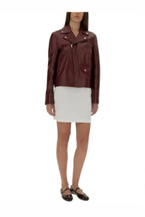 Gucci women’s leather biker jacket red in sleek burgundy with silver zippers and snap buttons