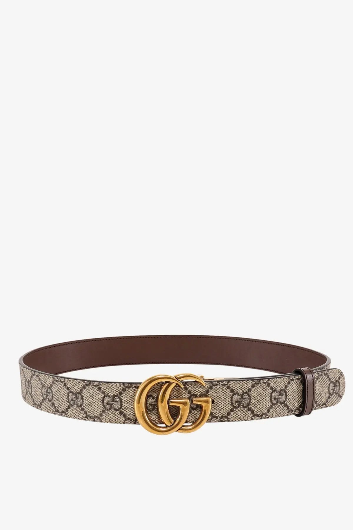 Beige and brown Gucci women’s leather and GG supreme fabric belt with interlocking GG logo buckle