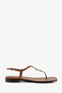 Gucci women’s lifford brown leather thong sandal with silver-toned metal logo clasp and yellow accents