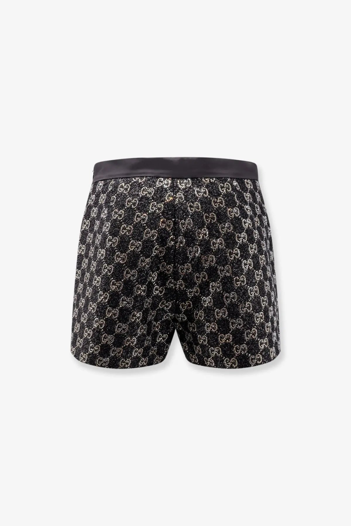 Gucci women’s lightweight lamé wool tweed shorts in black with black and white GG Supreme pattern and satin waistband