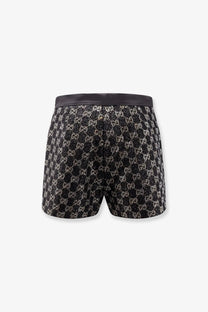 Gucci women’s lightweight lamé wool tweed shorts in black with black and white GG Supreme pattern and satin waistband