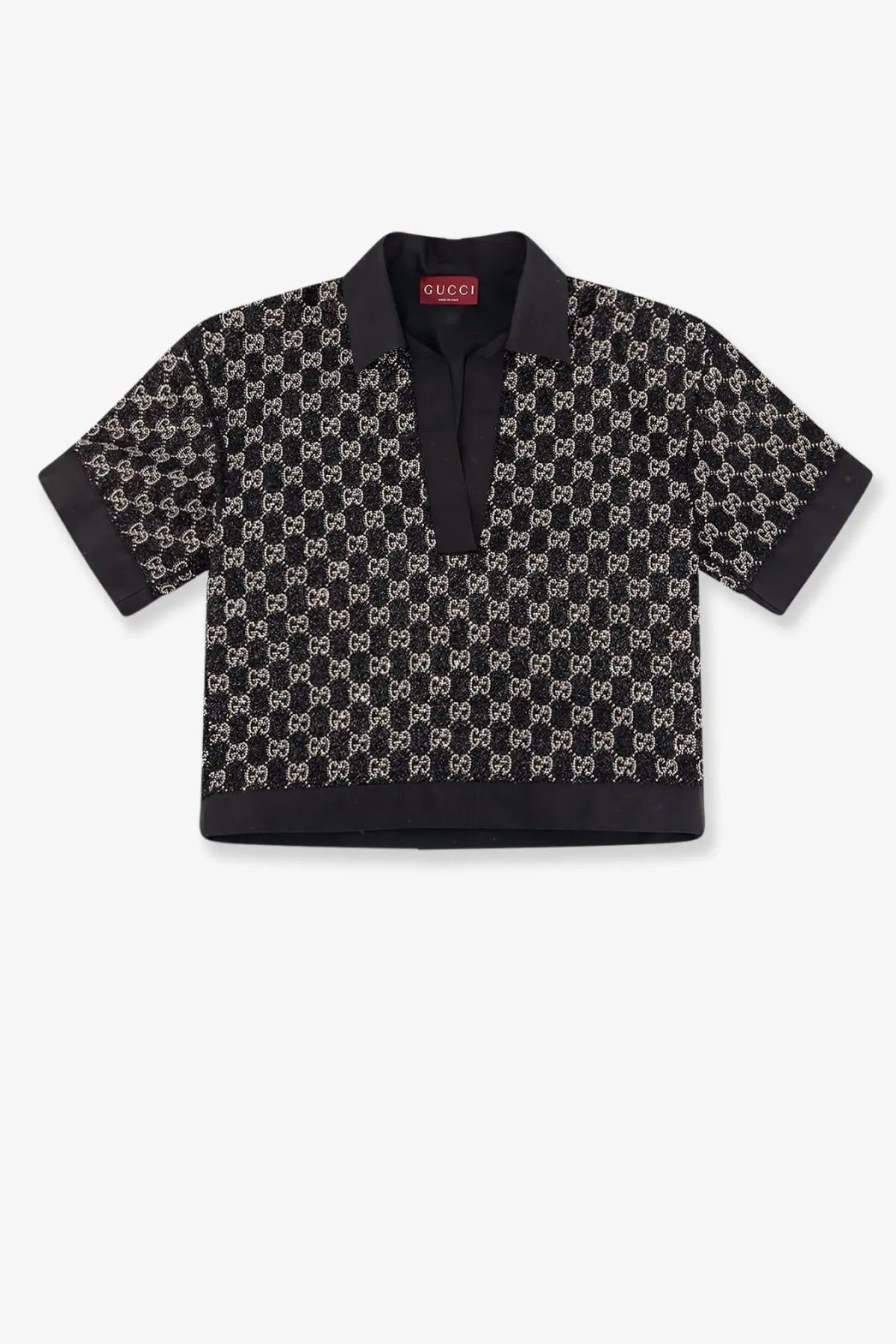 Black gucci women’s lightweight lamé wool tweed polo shirt with white interlocking gg logo pattern and solid black trim