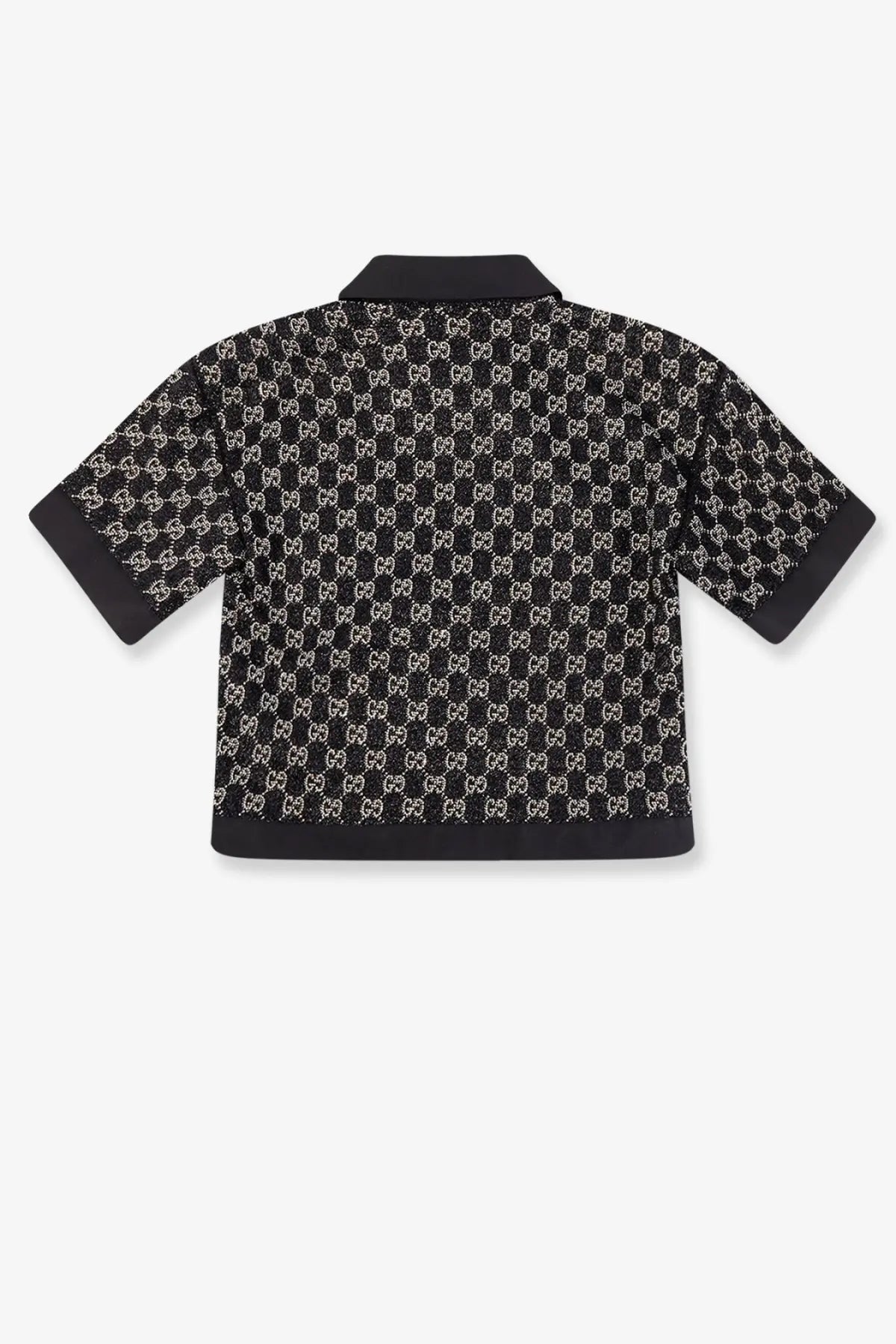 Gucci women’s lightweight lamé wool tweed black shirt with short sleeves and repeating white interlocking gg logo pattern
