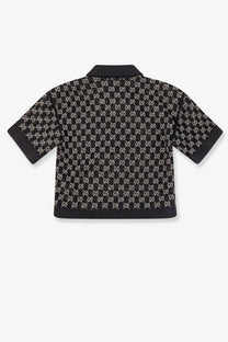 Gucci women’s lightweight lamé wool tweed black shirt with short sleeves and repeating white interlocking gg logo pattern