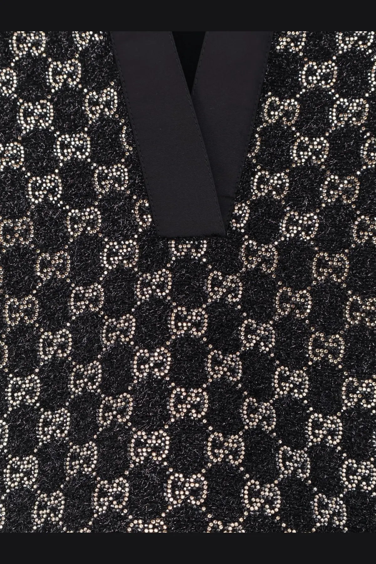 Black Gucci women’s lightweight lamé wool tweed top with velvet fabric and silver beaded interlocking G motif