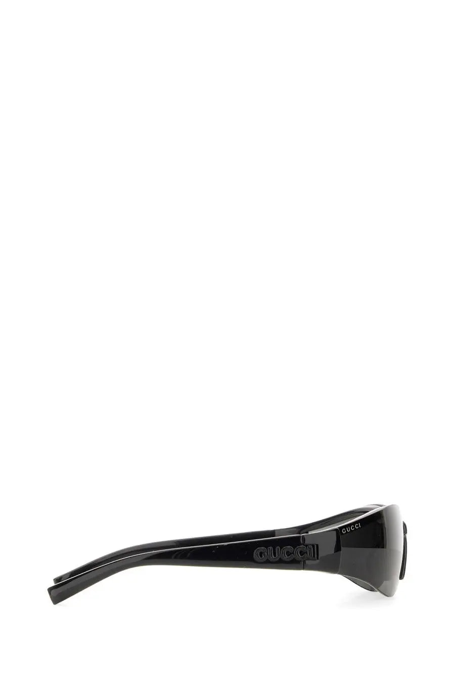 Black Gucci women’s mask sunglasses with sleek glossy frames and mirrored lenses for stylish eye protection