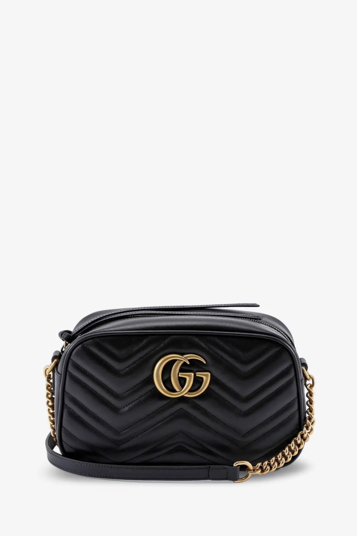 Black quilted leather gucci marmont camera bag with gold-tone hardware and chain strap for women crossbody use