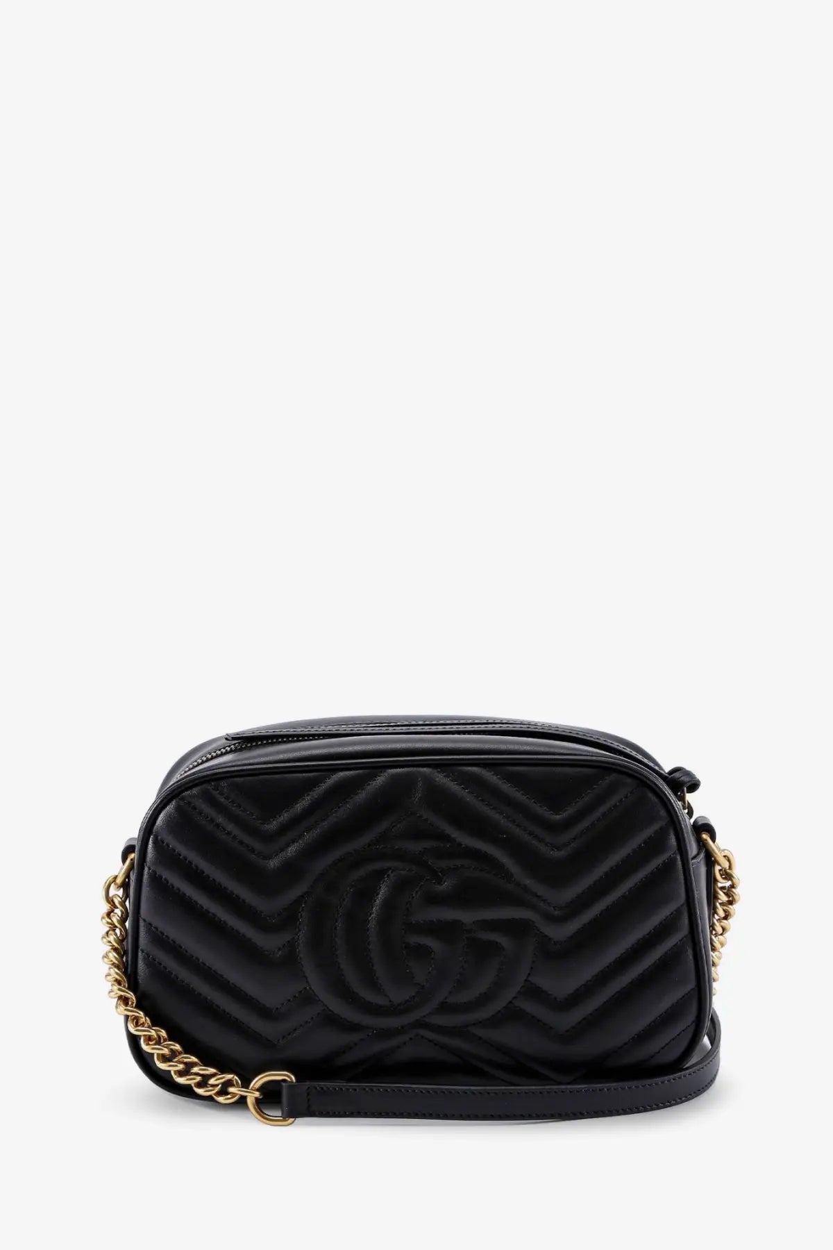 Black quilted Gucci marmont matelassé leather camera bag with gold-tone chain strap for women crossbody use
