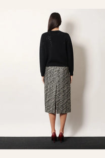 Gucci women’s black and gray tweed midi skirt in laminated bouclé fabric with a central front slit