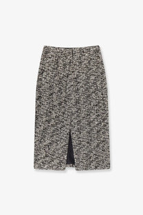 Gucci women’s midi skirt in black and white tweed bouclé fabric with a mid-calf length and central front slit