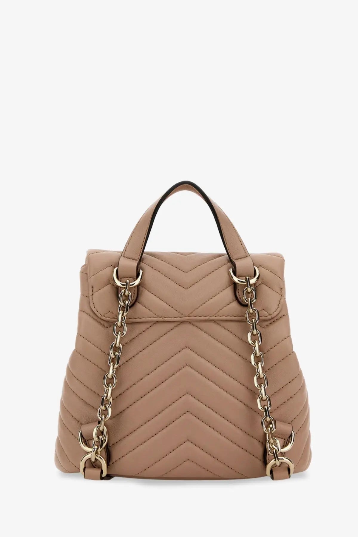 Beige quilted leather Gucci women’s mini GG Marmont backpack with gold-tone chain straps and top handles