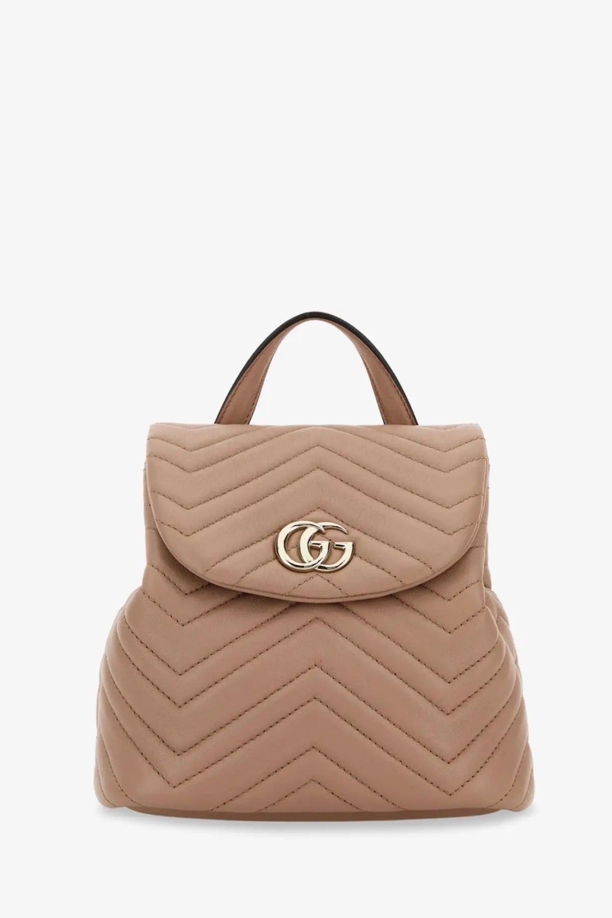Beige quilted leather Gucci women’s mini gg marmont backpack with gold-tone interlocking gg logo clasp