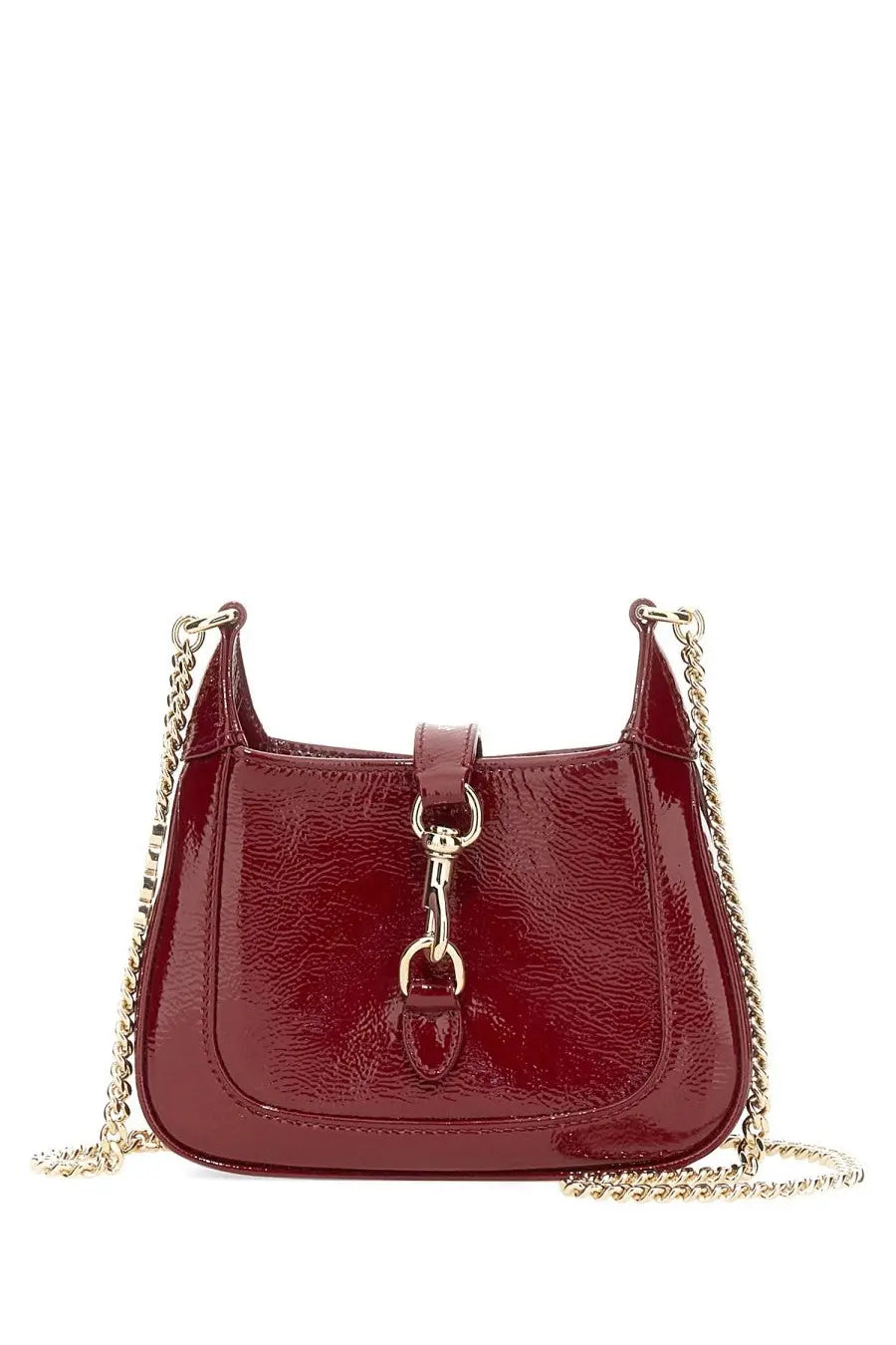Gucci women’s mini Jackie bag red glossy burgundy patent leather crossbody with gold-tone chain strap and horsebit clasp