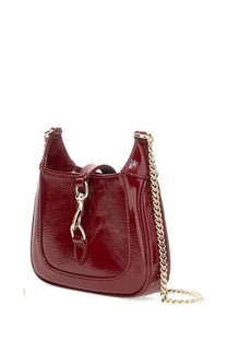 Gucci women’s mini Jackie bag red glossy burgundy patent leather with gold-tone chain strap and horsebit clasp