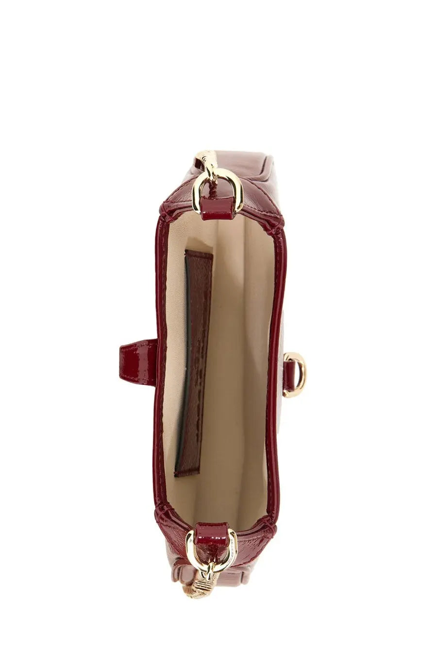 Gucci women’s mini Jackie bag in glossy burgundy patent leather with gold-tone hardware and structured rectangular shape
