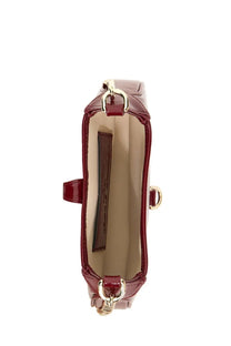 Gucci women’s mini Jackie bag in glossy burgundy patent leather with gold-tone hardware and structured rectangular shape