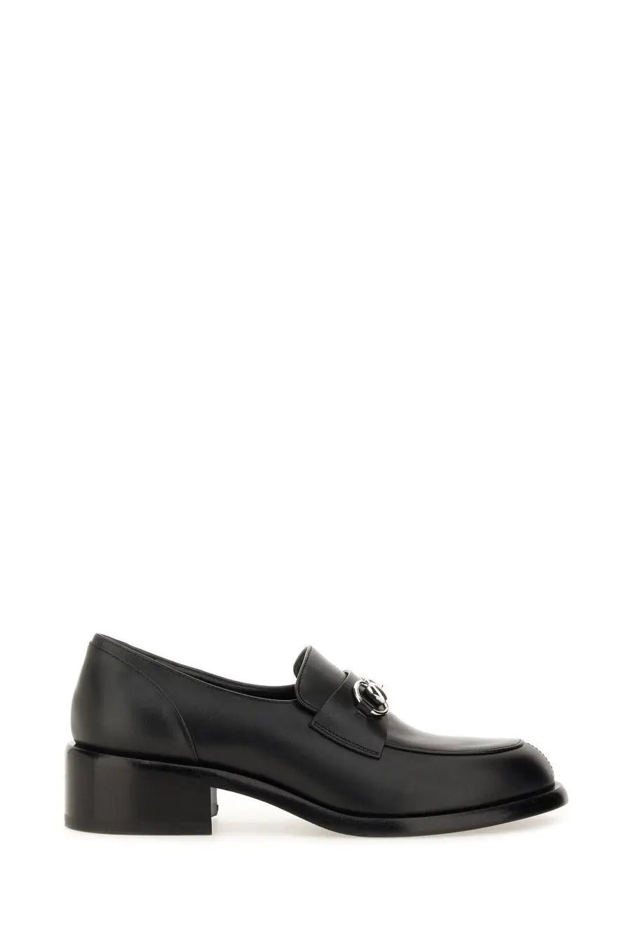Gucci women’s black leather moccasin loafer with a silver-toned metal buckle detail