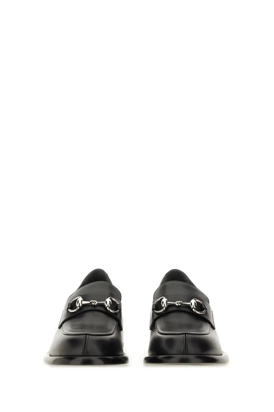 Gucci women’s black leather moccasin loafers with polished finish and silver horsebit buckle