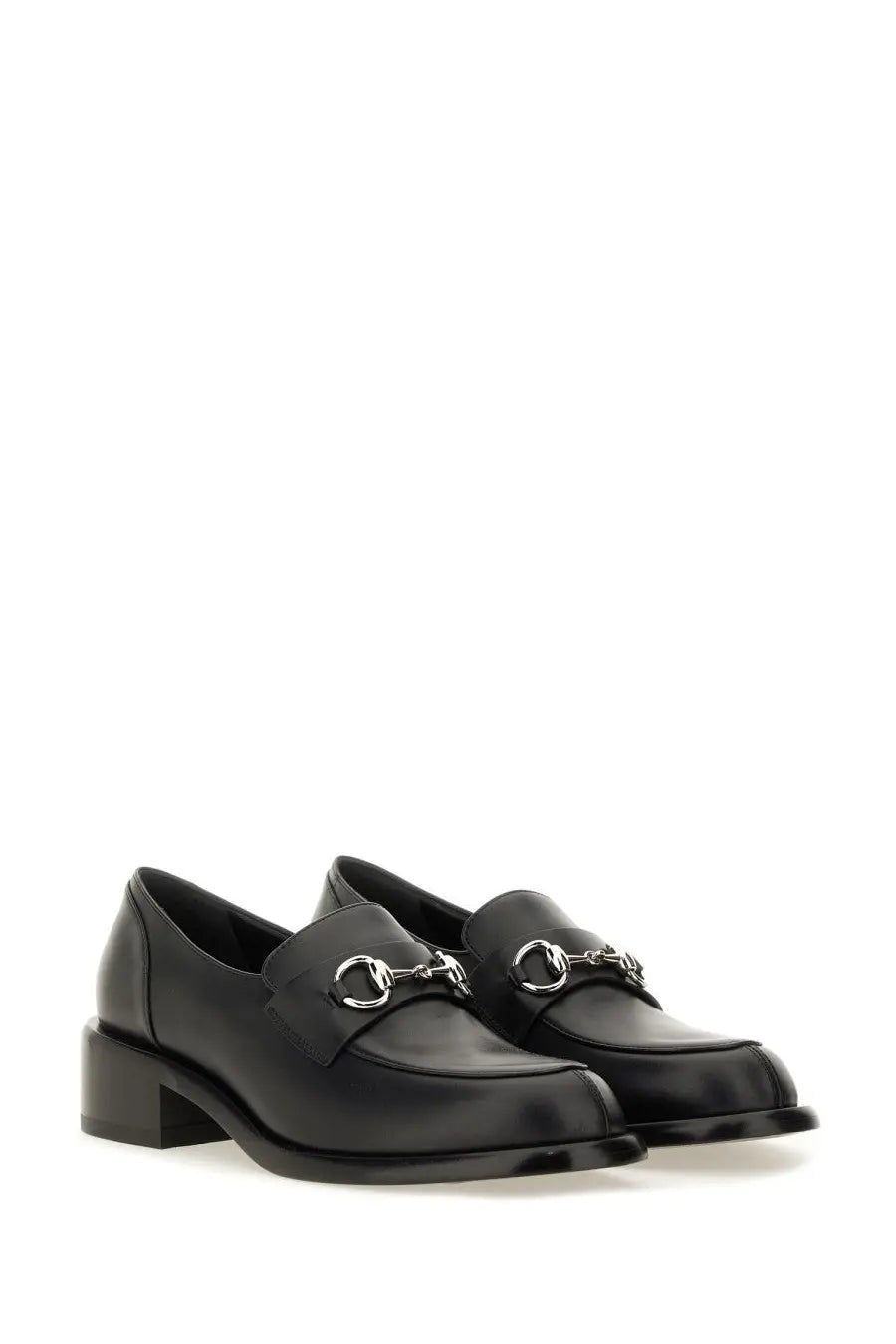 Gucci women’s moccasin black leather loafers with silver horsebit buckle front view