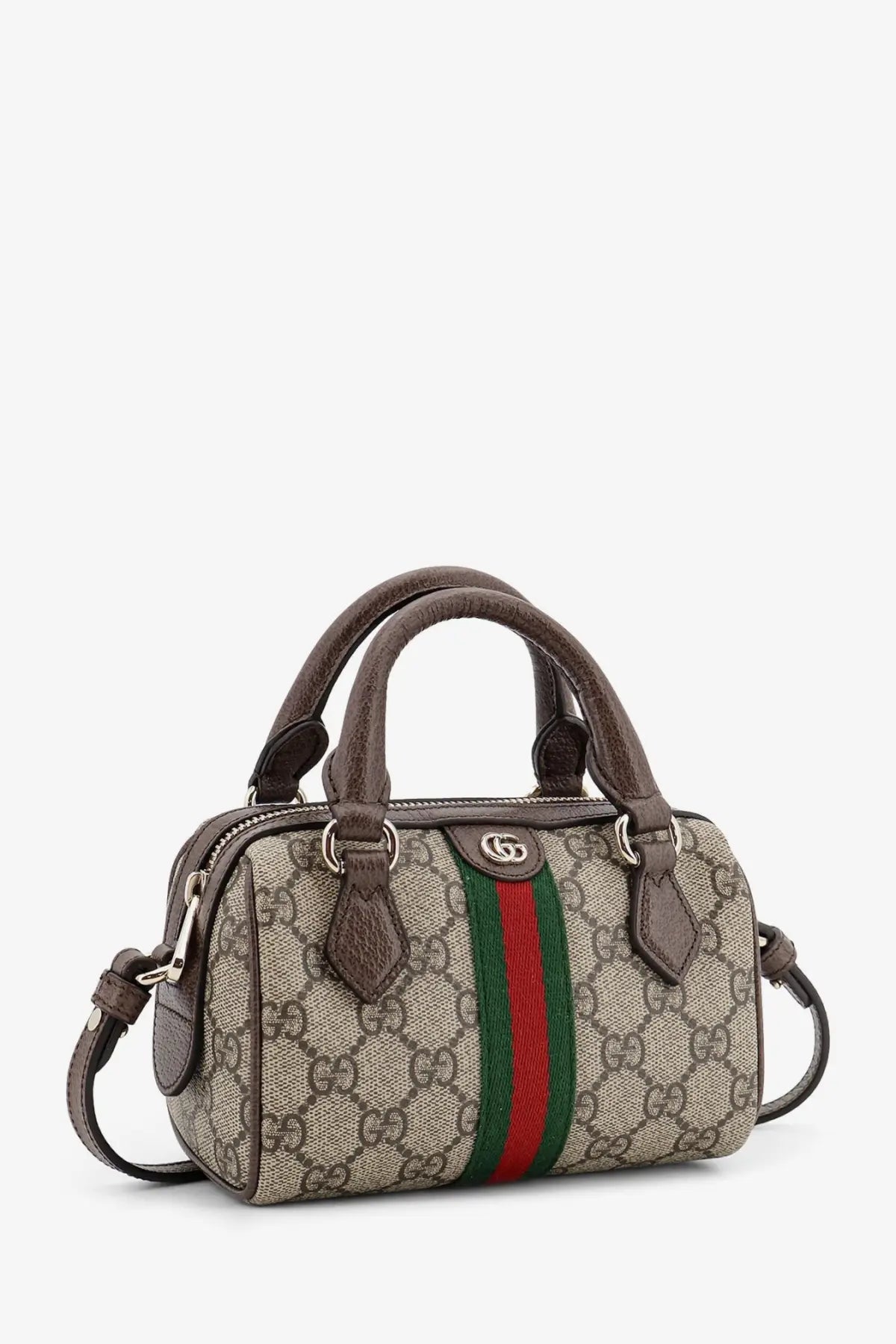 Beige and brown gucci women’s ophidia trunk bag mini handbag with gg supreme canvas green and red webbing strap