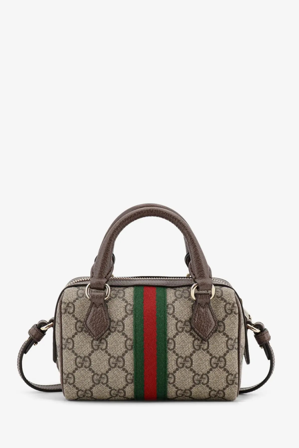 Gucci women’s Ophidia trunk bag in beige and brown GG supreme canvas with green and red striped webbing detail