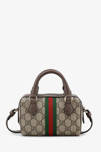 Gucci women’s Ophidia trunk bag in beige and brown GG supreme canvas with green and red striped webbing detail