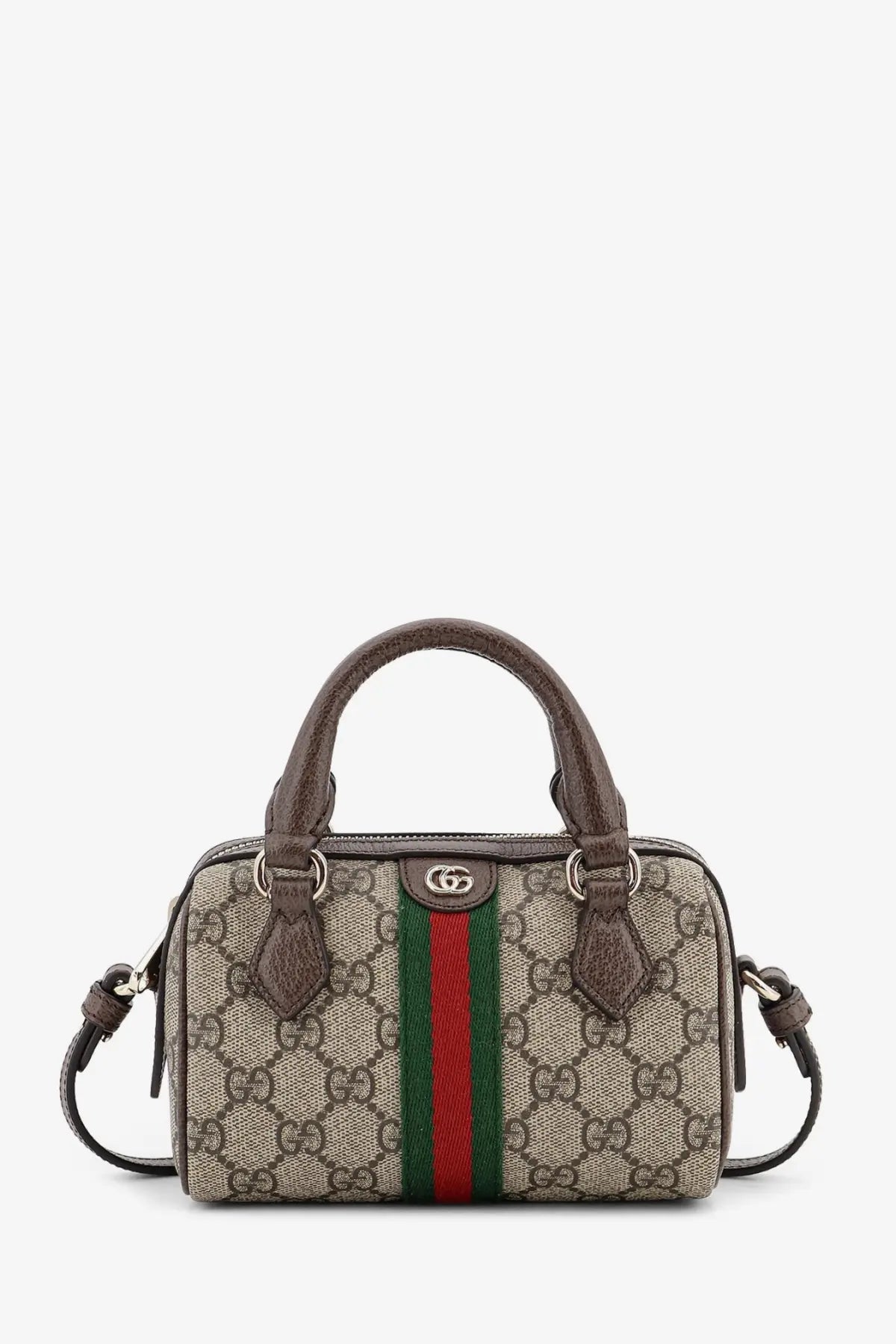 Gucci women’s ophidia trunk bag beige mini handbag in beige and brown gg supreme canvas with green and red stripe