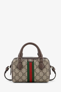 Gucci women’s ophidia trunk bag beige mini handbag in beige and brown gg supreme canvas with green and red stripe