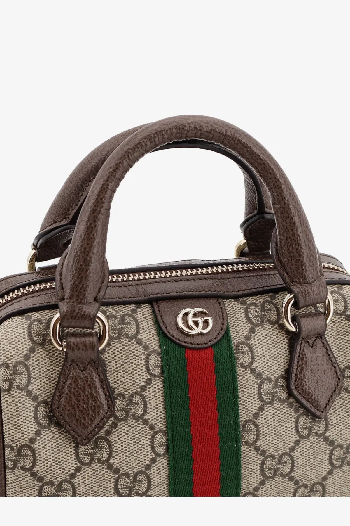 Gucci women’s Ophidia trunk bag beige featuring brown leather top handle gold hardware and red green striped webbing
