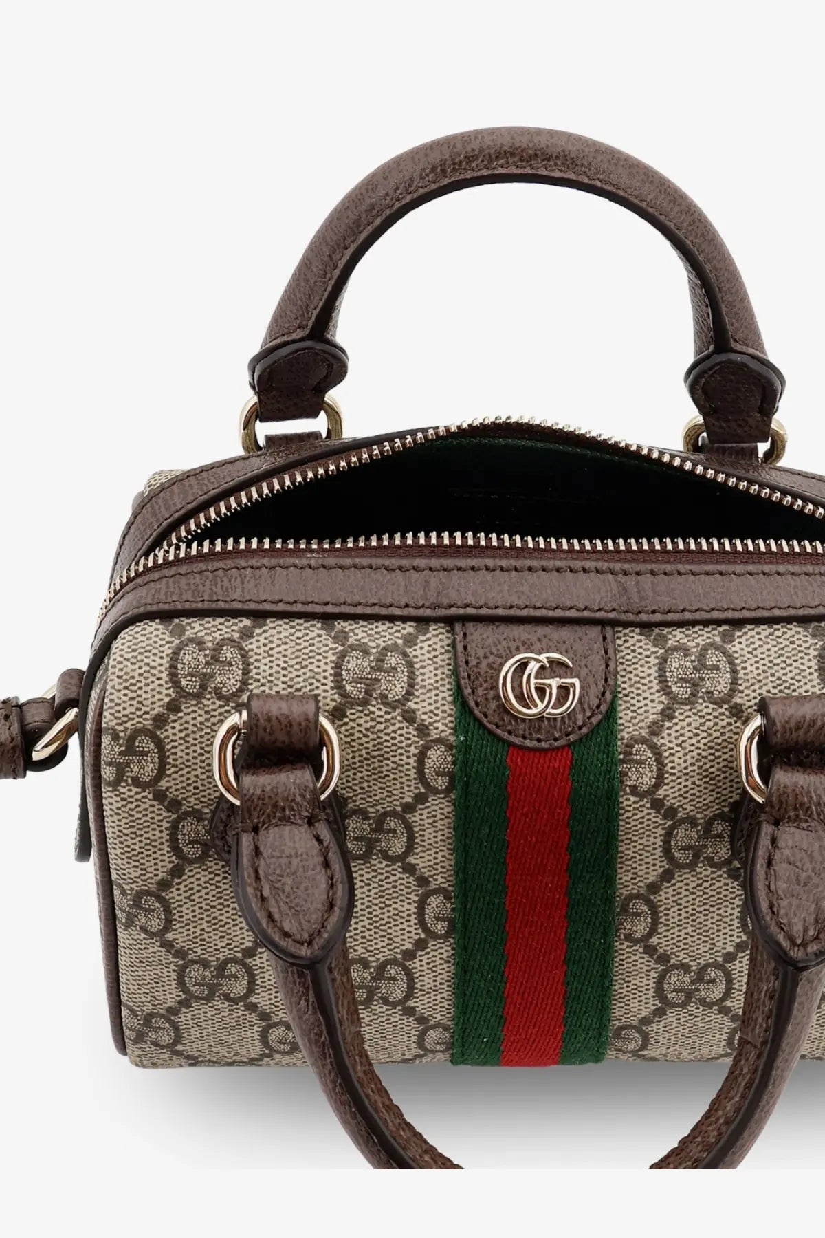 Gucci women’s Ophidia trunk bag beige with brown leather top handle side straps and red green striped webbing