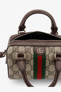 Gucci women’s Ophidia trunk bag beige with brown leather top handle side straps and red green striped webbing