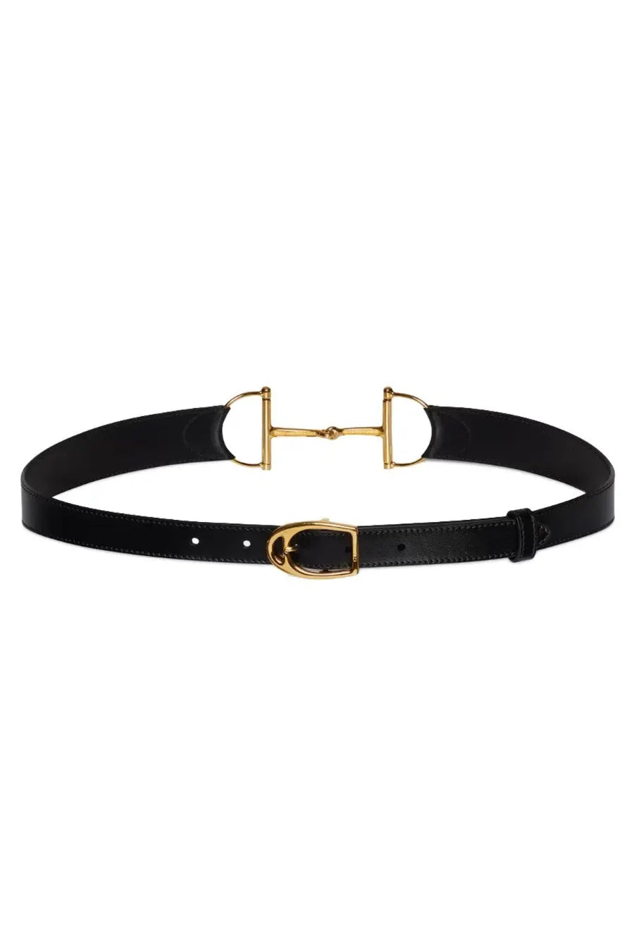 Gucci women’s oversize clamp belt black leather with gold-tone horsebit buckle and matching d-ring hardware