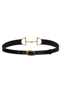 Gucci women’s oversize clamp belt black leather with gold-tone horsebit buckle and matching d-ring hardware