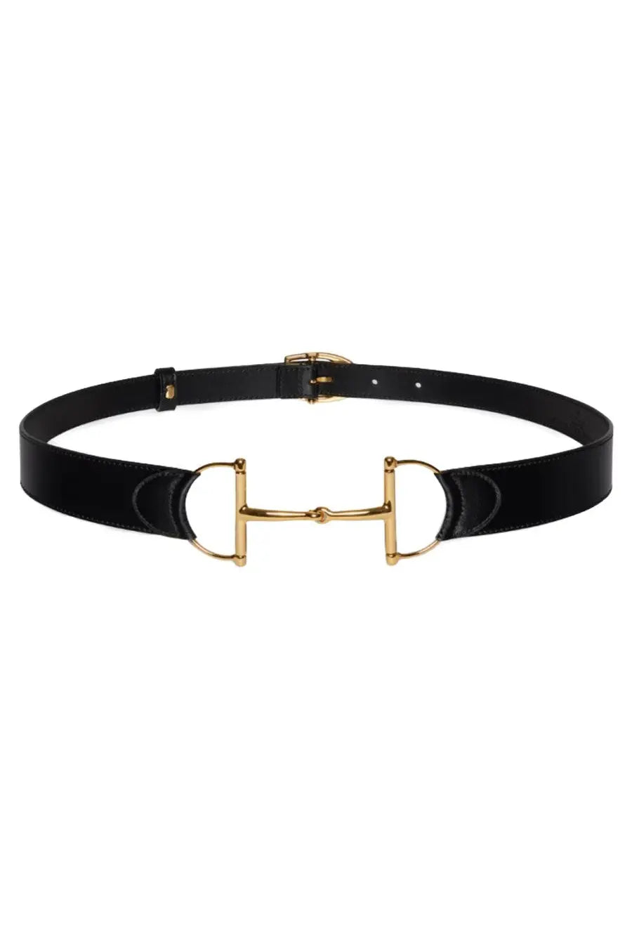 Gucci women’s oversize clamp belt black featuring a black leather strap with a gold-tone horsebit buckle